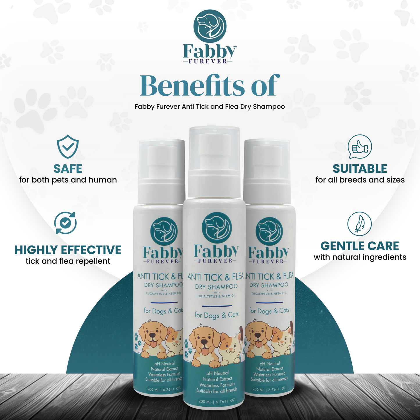 Fabby Furever Anti Tick & Flea Waterless Dry Shampoo for Dogs, Cats and Pups of All Breeds, Effective for Itching, Dry Skin and Infections, Daily Use, Natural and Safe for Pets, 200 ml